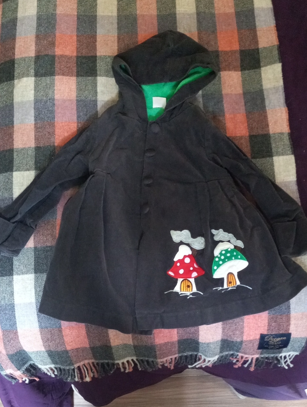 Girls Black Hooded Coat with Red & Green Mushroom Appliqués